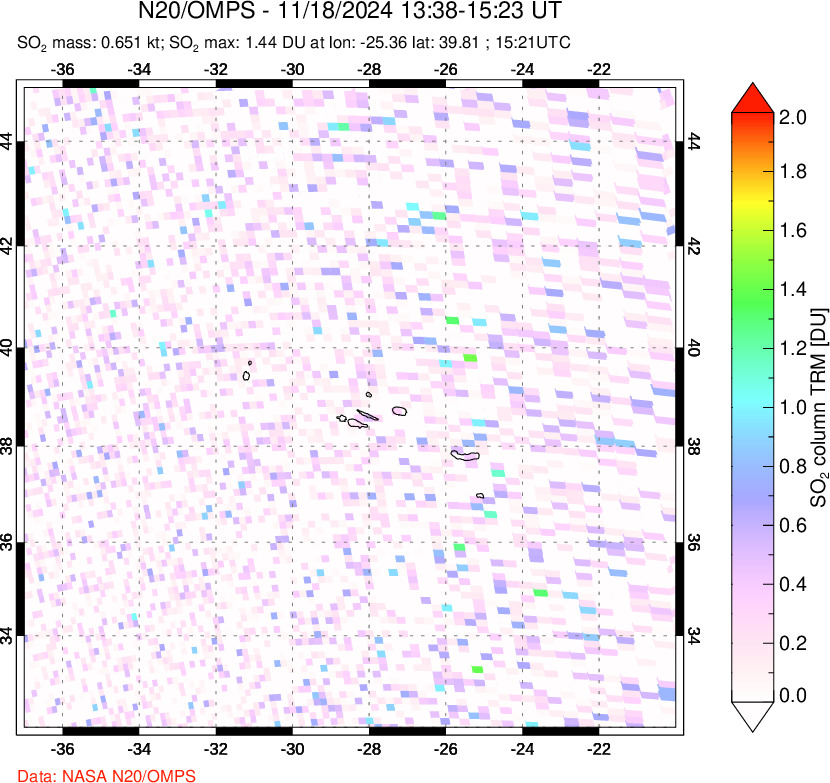 A sulfur dioxide image over Azores Islands, Portugal on Nov 18, 2024.