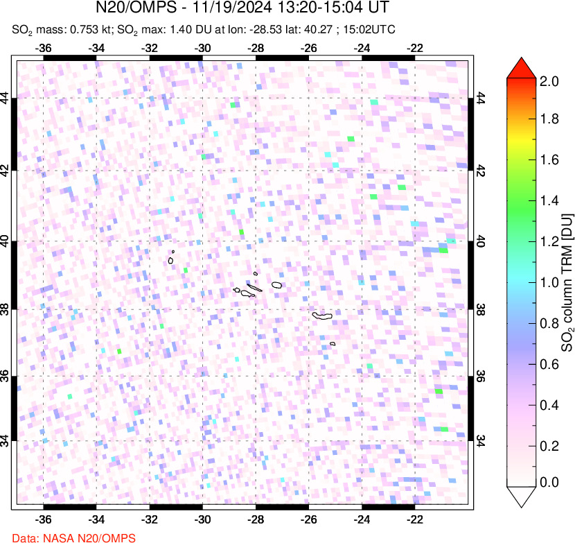 A sulfur dioxide image over Azores Islands, Portugal on Nov 19, 2024.