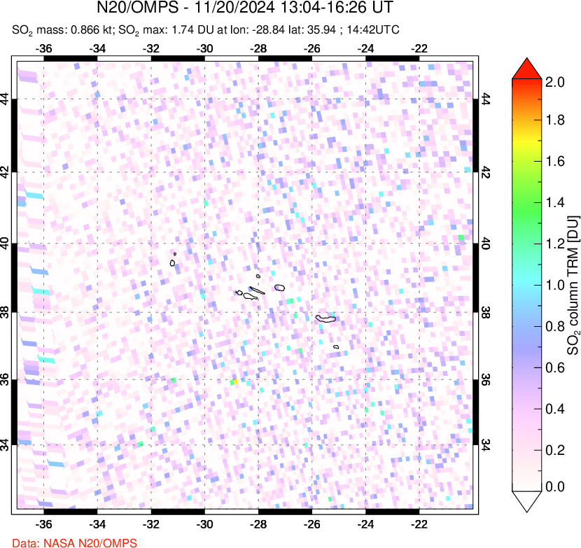 A sulfur dioxide image over Azores Islands, Portugal on Nov 20, 2024.