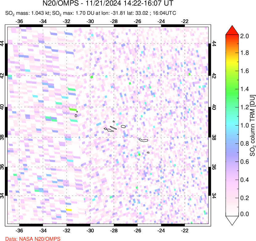 A sulfur dioxide image over Azores Islands, Portugal on Nov 21, 2024.