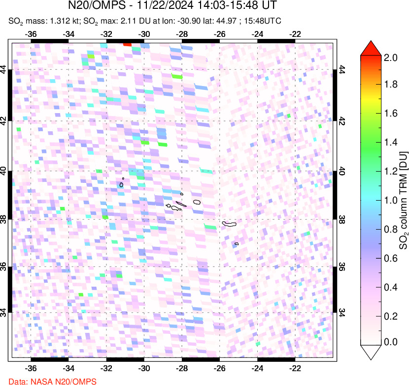 A sulfur dioxide image over Azores Islands, Portugal on Nov 22, 2024.