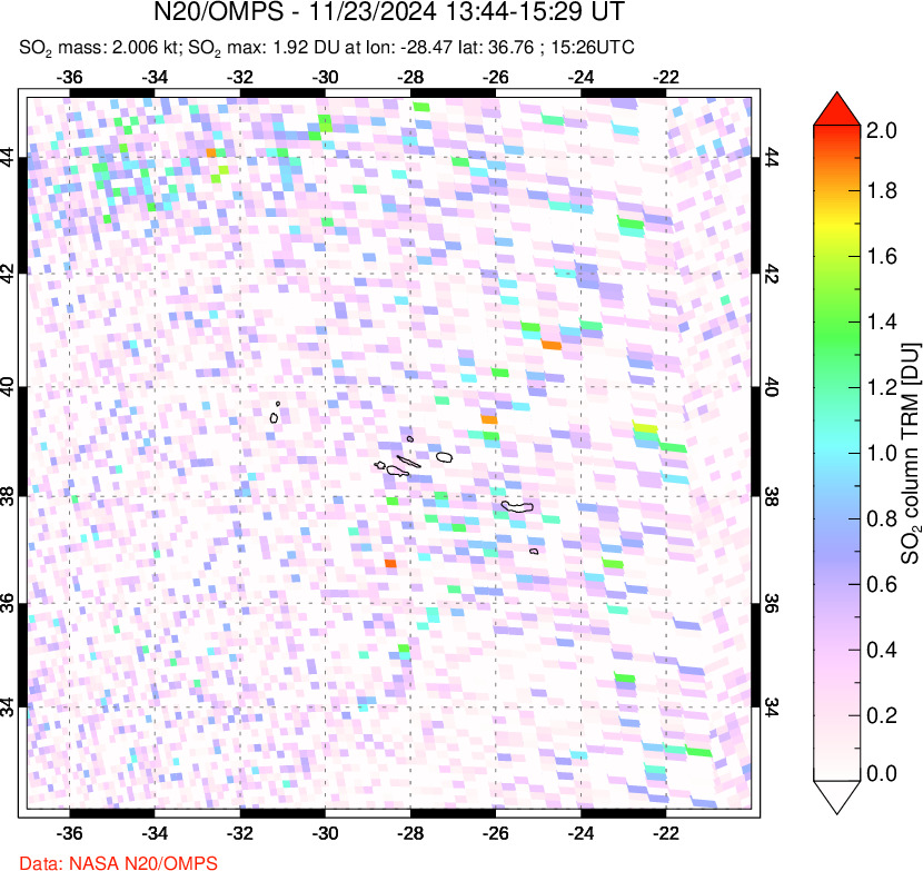 A sulfur dioxide image over Azores Islands, Portugal on Nov 23, 2024.