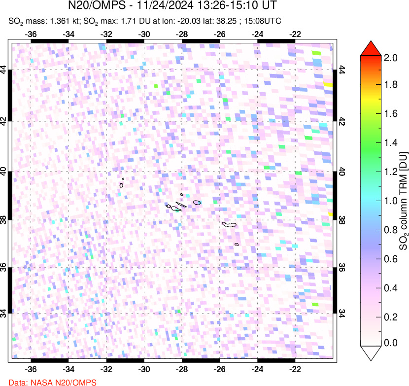 A sulfur dioxide image over Azores Islands, Portugal on Nov 24, 2024.