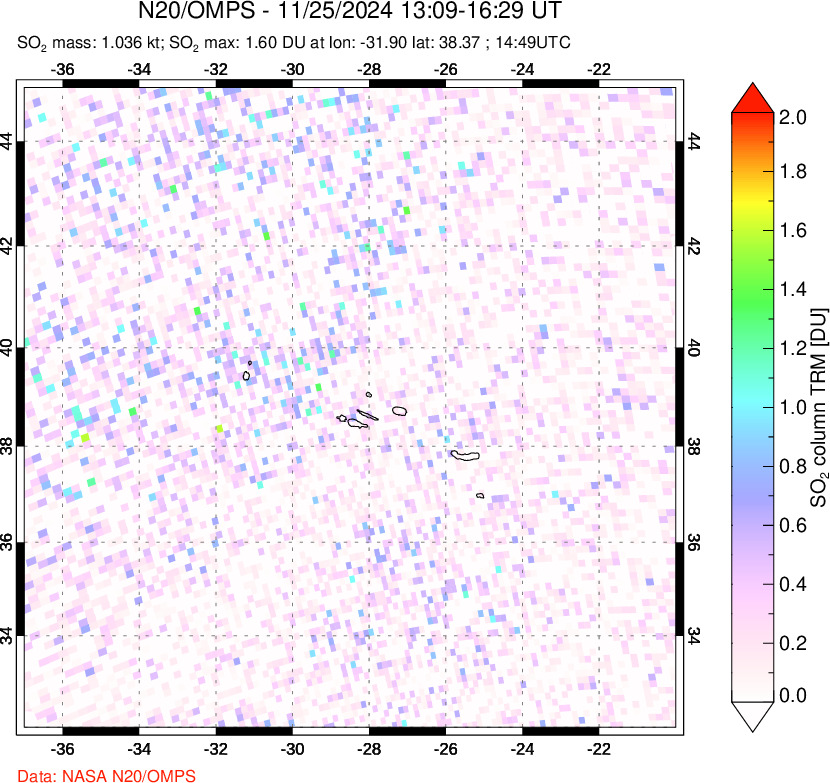 A sulfur dioxide image over Azores Islands, Portugal on Nov 25, 2024.