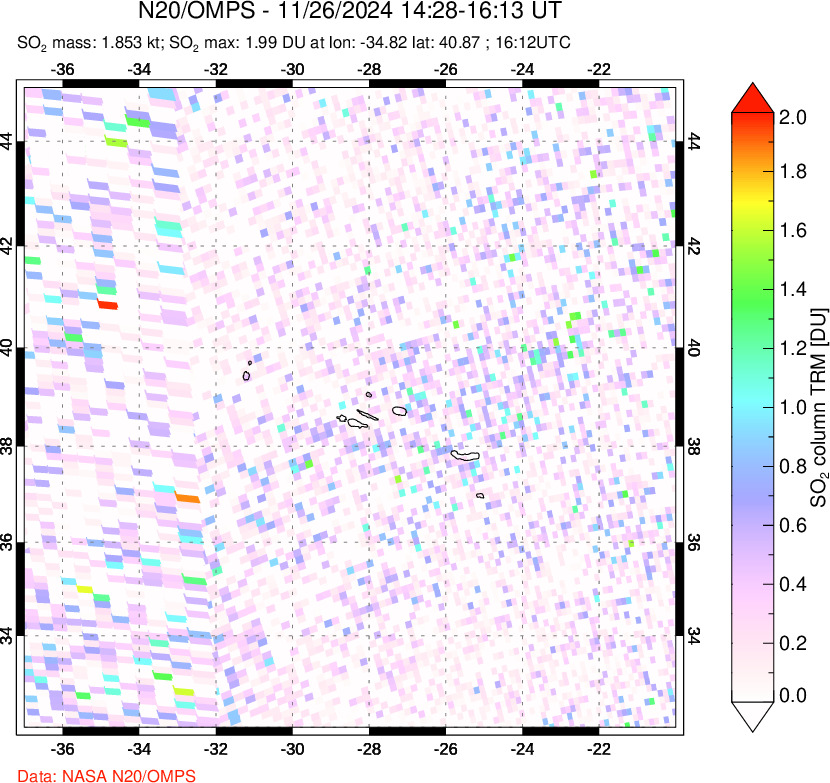 A sulfur dioxide image over Azores Islands, Portugal on Nov 26, 2024.