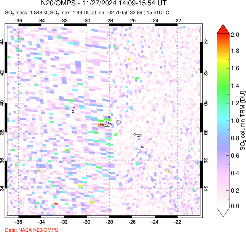 A sulfur dioxide image over Azores Islands, Portugal on Nov 27, 2024.