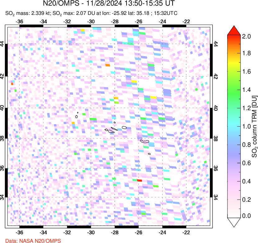 A sulfur dioxide image over Azores Islands, Portugal on Nov 28, 2024.