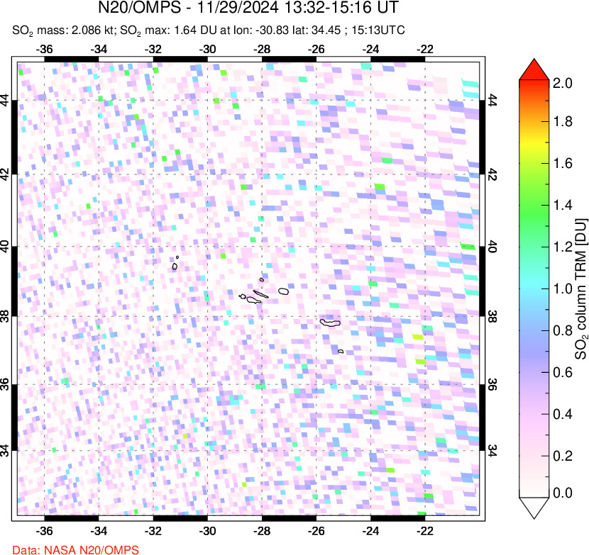 A sulfur dioxide image over Azores Islands, Portugal on Nov 29, 2024.