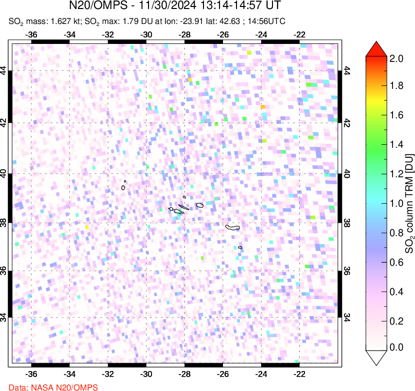 A sulfur dioxide image over Azores Islands, Portugal on Nov 30, 2024.