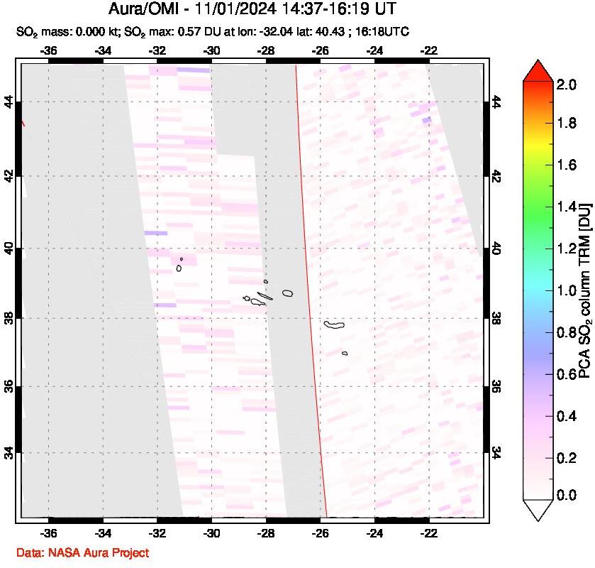 A sulfur dioxide image over Azore Islands, Portugal on Nov 01, 2024.