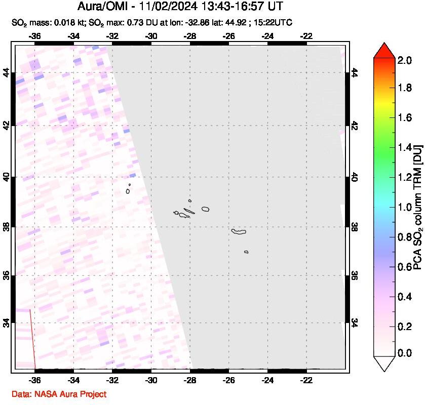 A sulfur dioxide image over Azore Islands, Portugal on Nov 02, 2024.