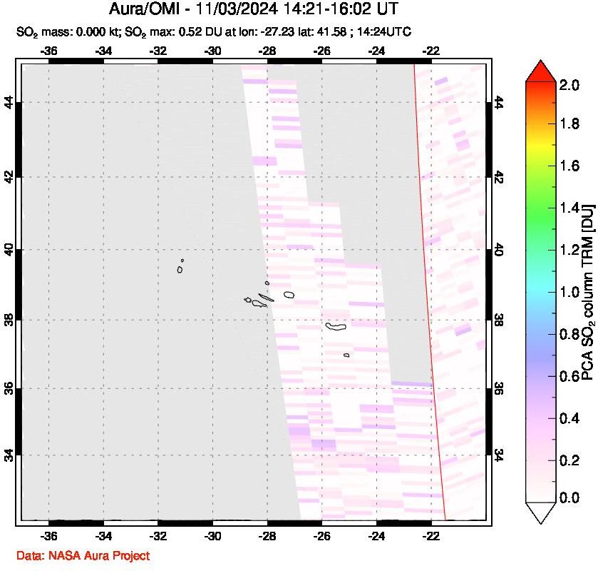 A sulfur dioxide image over Azore Islands, Portugal on Nov 03, 2024.