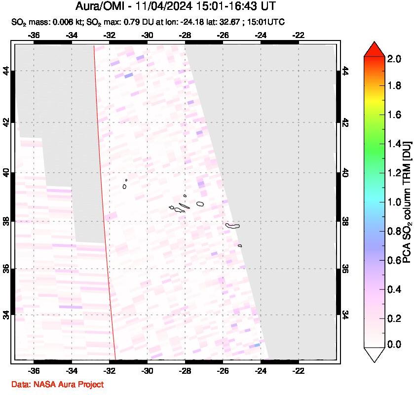 A sulfur dioxide image over Azore Islands, Portugal on Nov 04, 2024.