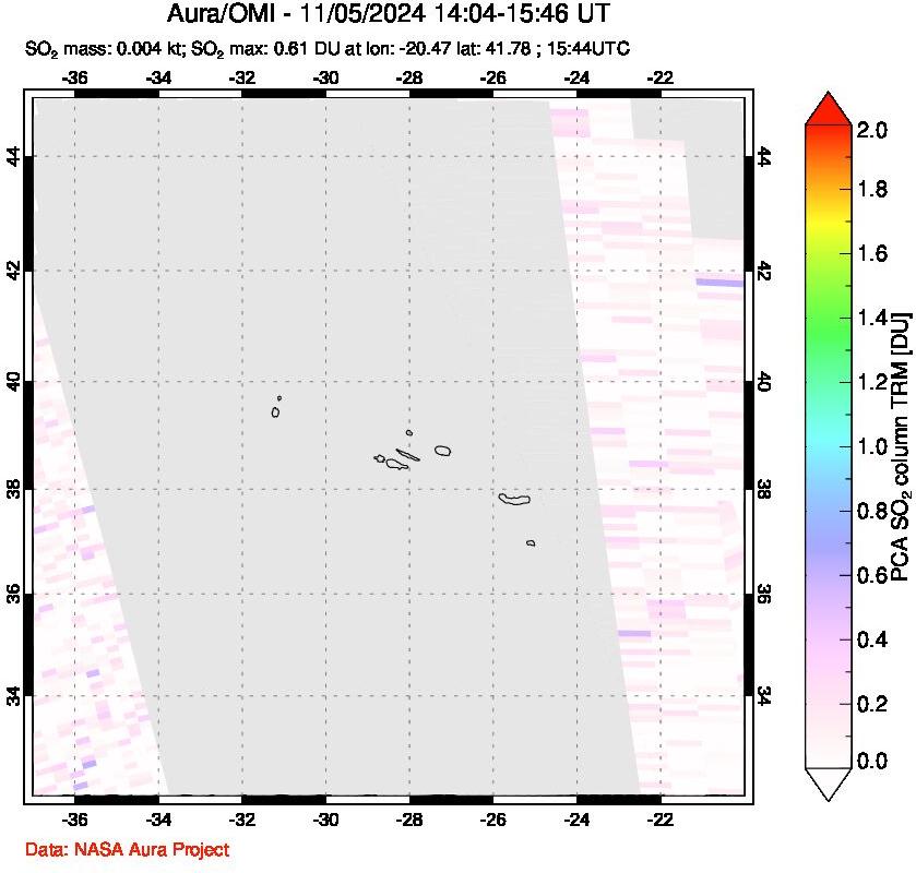 A sulfur dioxide image over Azore Islands, Portugal on Nov 05, 2024.