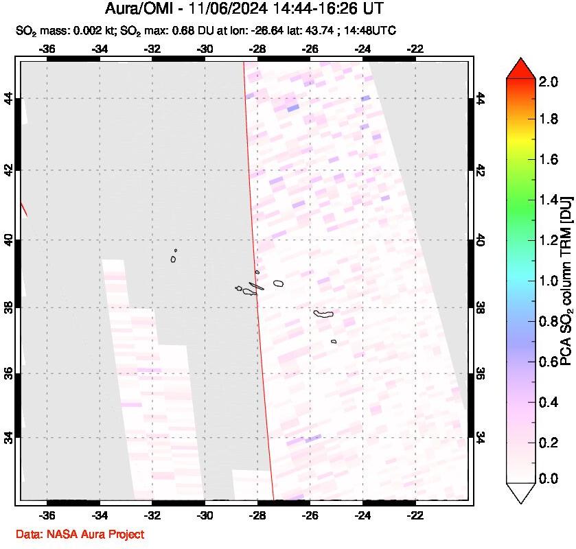 A sulfur dioxide image over Azore Islands, Portugal on Nov 06, 2024.