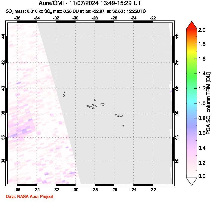 A sulfur dioxide image over Azore Islands, Portugal on Nov 07, 2024.