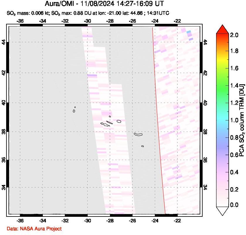 A sulfur dioxide image over Azore Islands, Portugal on Nov 08, 2024.