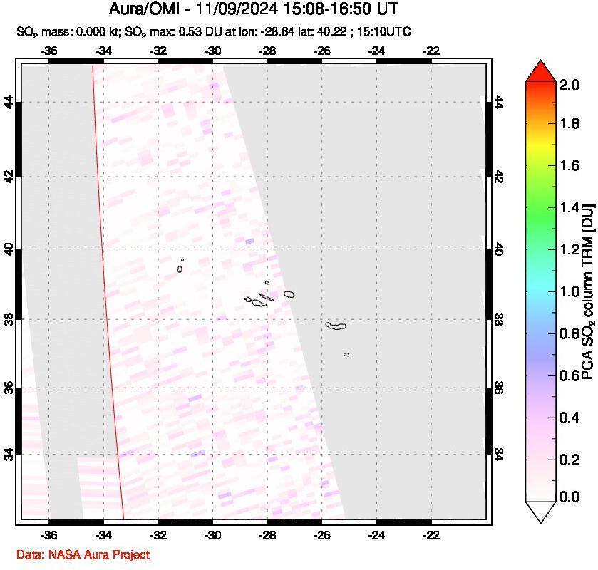 A sulfur dioxide image over Azore Islands, Portugal on Nov 09, 2024.