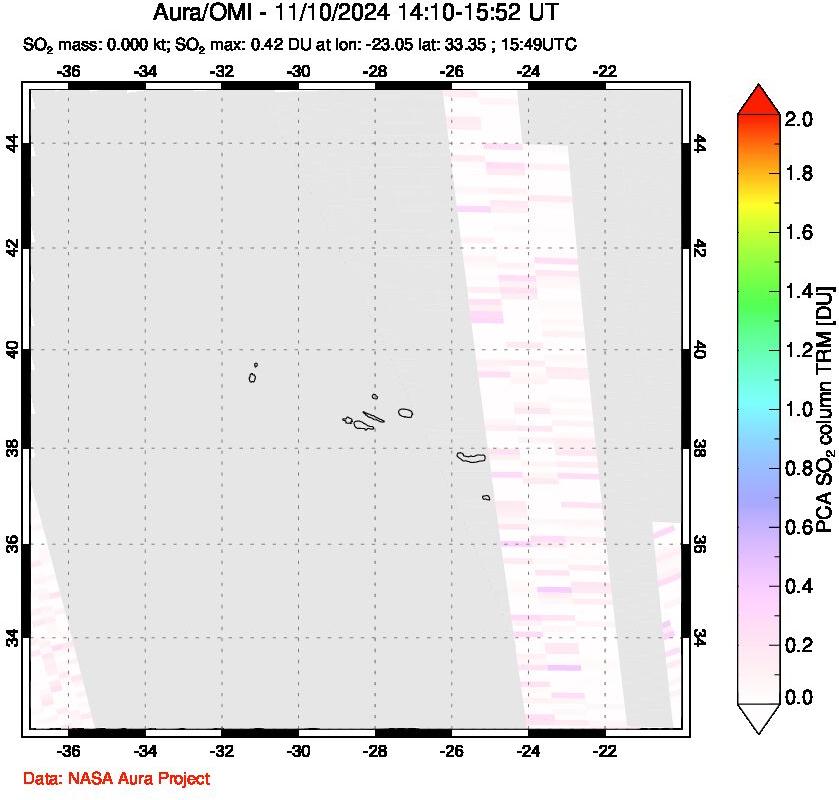 A sulfur dioxide image over Azore Islands, Portugal on Nov 10, 2024.