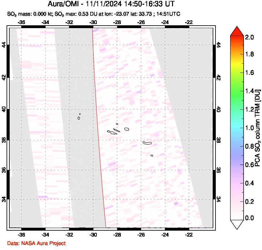 A sulfur dioxide image over Azore Islands, Portugal on Nov 11, 2024.