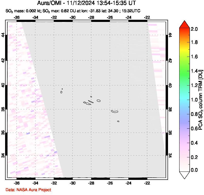 A sulfur dioxide image over Azore Islands, Portugal on Nov 12, 2024.