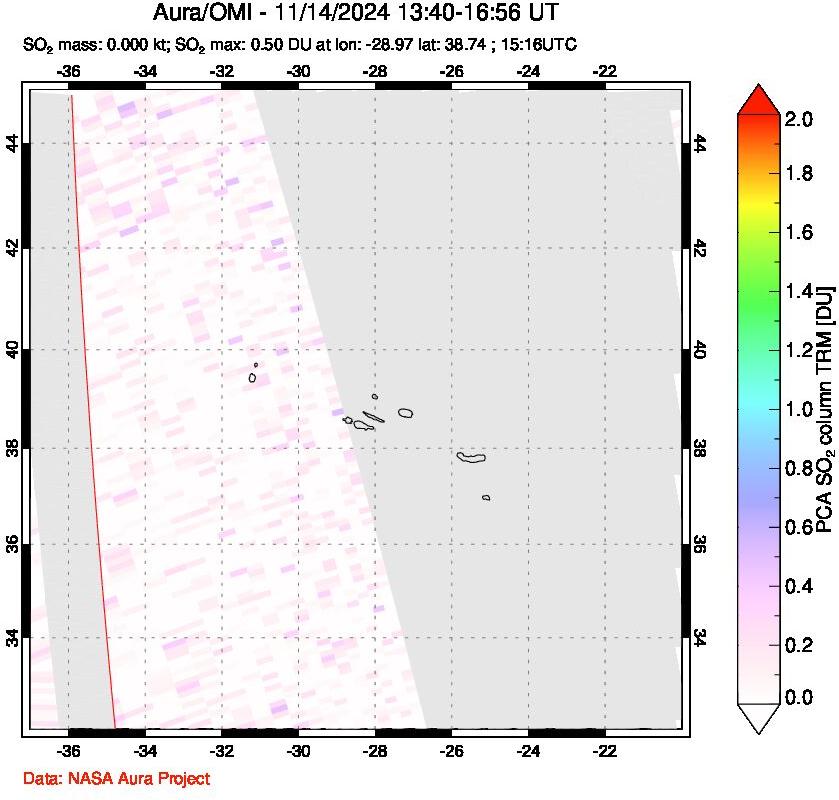 A sulfur dioxide image over Azore Islands, Portugal on Nov 14, 2024.