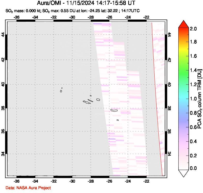 A sulfur dioxide image over Azore Islands, Portugal on Nov 15, 2024.