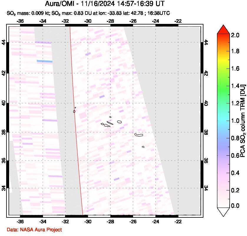 A sulfur dioxide image over Azore Islands, Portugal on Nov 16, 2024.