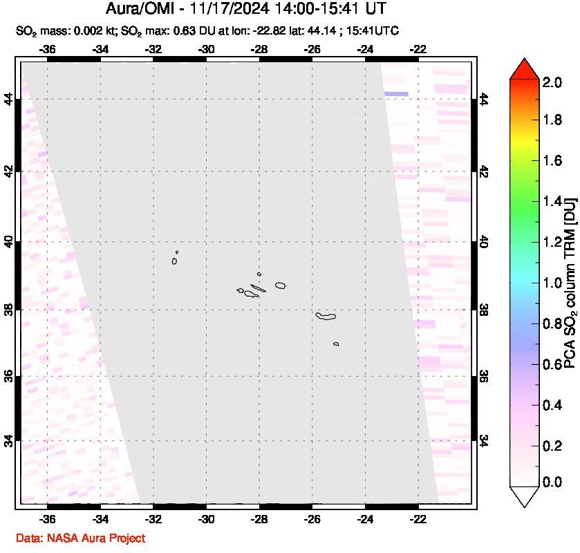 A sulfur dioxide image over Azore Islands, Portugal on Nov 17, 2024.