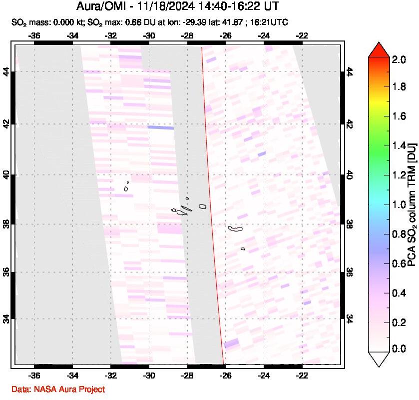 A sulfur dioxide image over Azore Islands, Portugal on Nov 18, 2024.