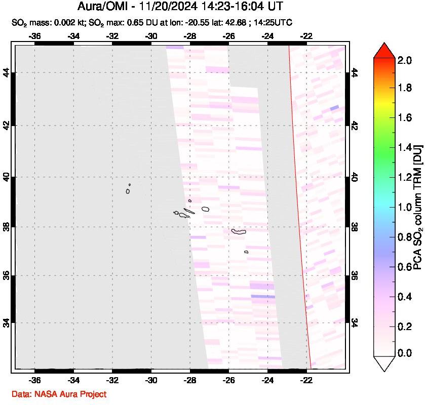 A sulfur dioxide image over Azore Islands, Portugal on Nov 20, 2024.