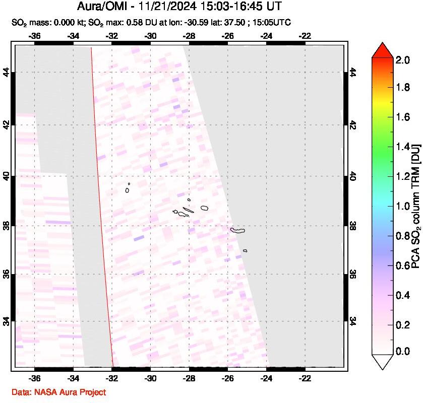 A sulfur dioxide image over Azore Islands, Portugal on Nov 21, 2024.