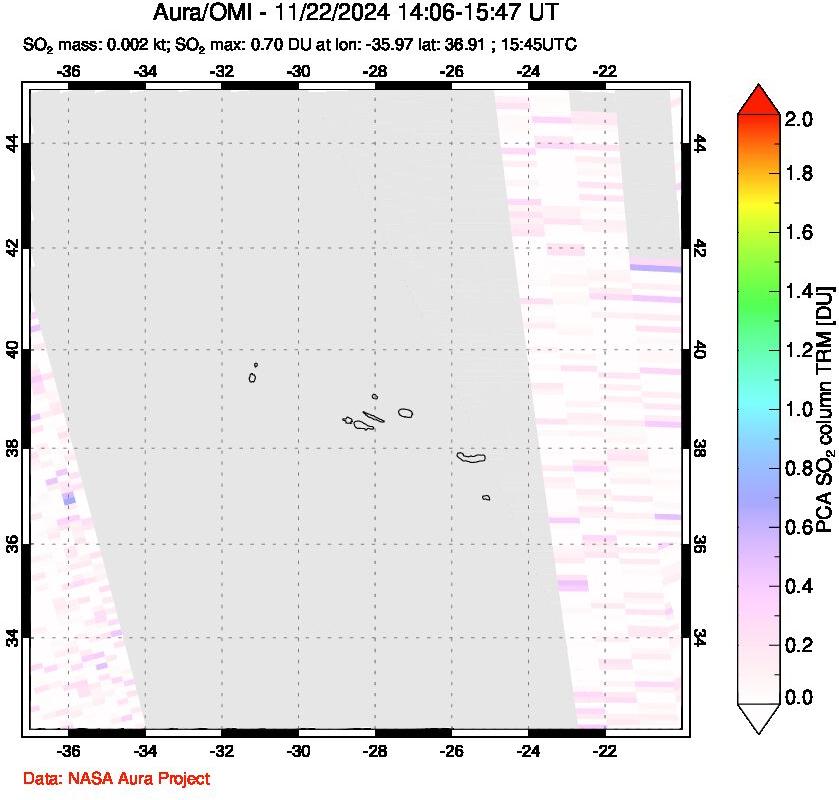 A sulfur dioxide image over Azore Islands, Portugal on Nov 22, 2024.