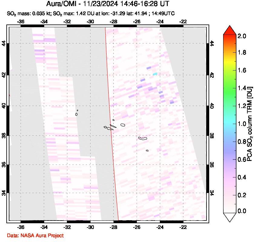 A sulfur dioxide image over Azore Islands, Portugal on Nov 23, 2024.