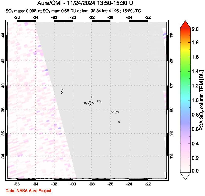 A sulfur dioxide image over Azore Islands, Portugal on Nov 24, 2024.