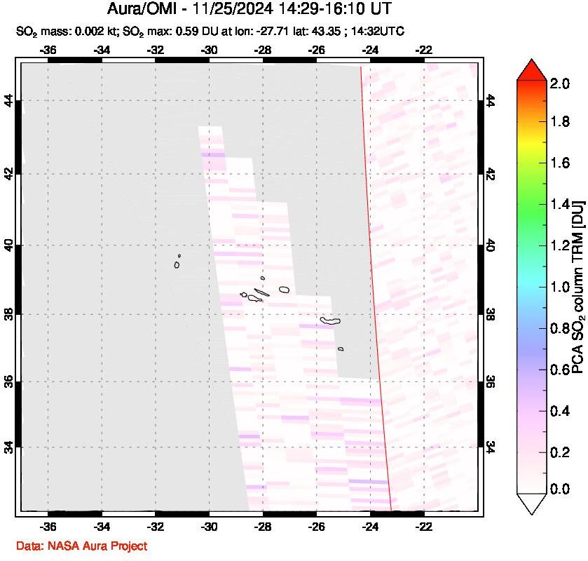 A sulfur dioxide image over Azore Islands, Portugal on Nov 25, 2024.