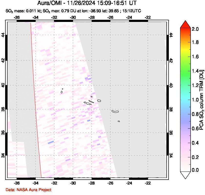 A sulfur dioxide image over Azore Islands, Portugal on Nov 26, 2024.