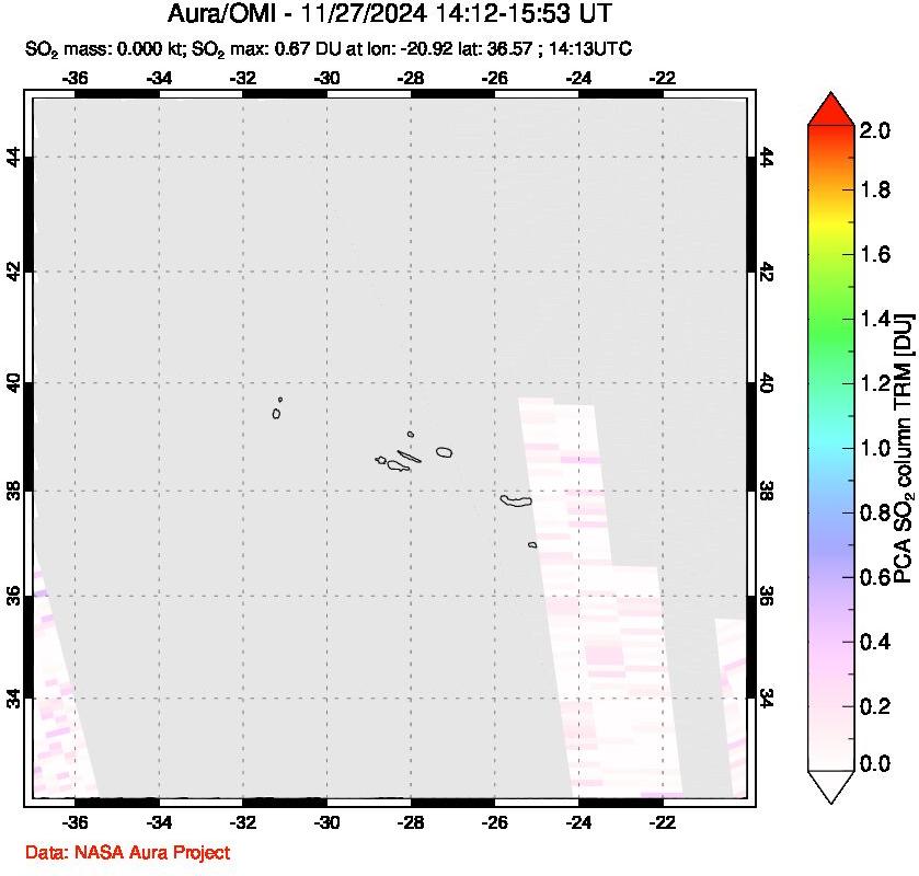 A sulfur dioxide image over Azore Islands, Portugal on Nov 27, 2024.