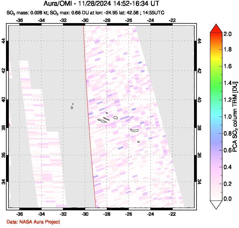 A sulfur dioxide image over Azore Islands, Portugal on Nov 28, 2024.