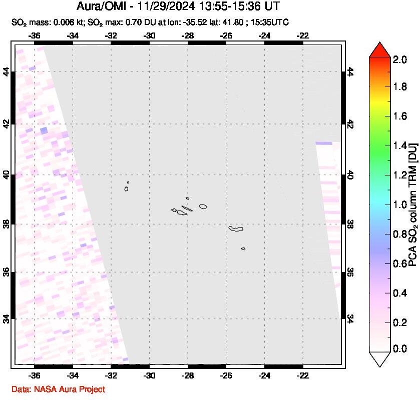 A sulfur dioxide image over Azore Islands, Portugal on Nov 29, 2024.