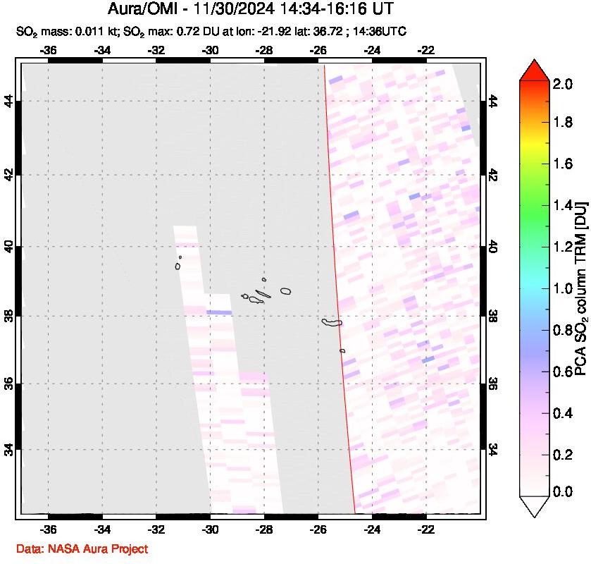 A sulfur dioxide image over Azore Islands, Portugal on Nov 30, 2024.