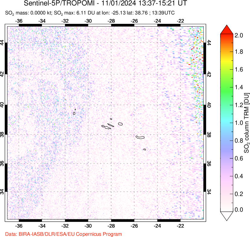 A sulfur dioxide image over Azore Islands, Portugal on Nov 01, 2024.