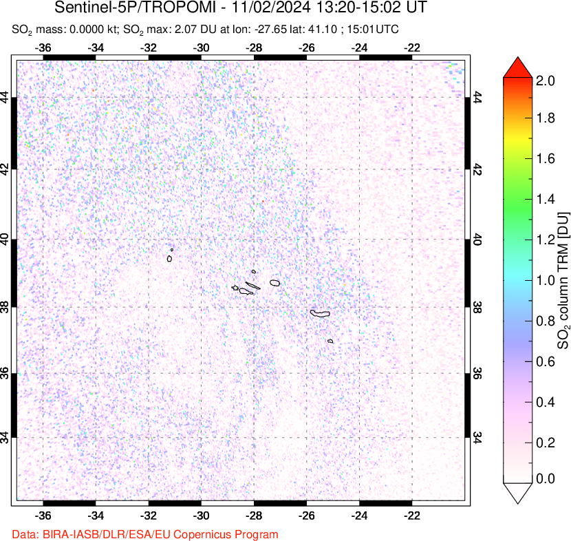 A sulfur dioxide image over Azore Islands, Portugal on Nov 02, 2024.