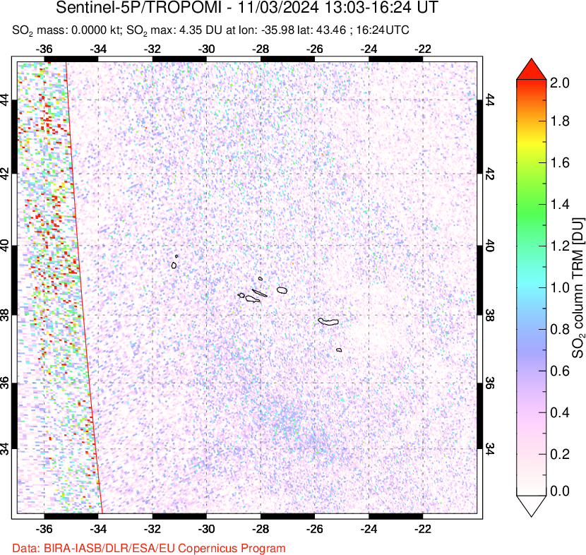 A sulfur dioxide image over Azore Islands, Portugal on Nov 03, 2024.