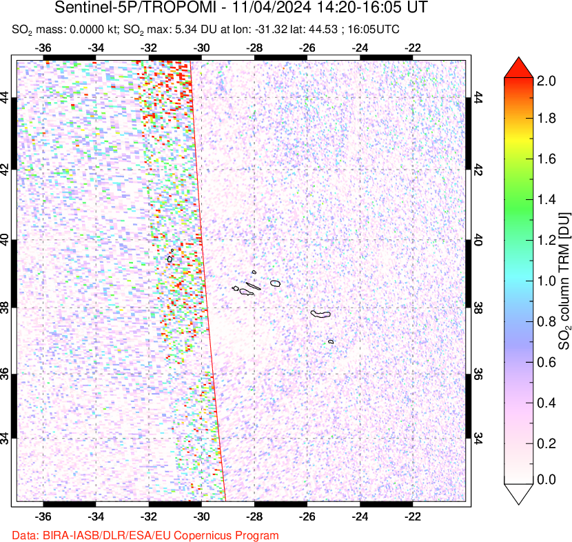 A sulfur dioxide image over Azore Islands, Portugal on Nov 04, 2024.