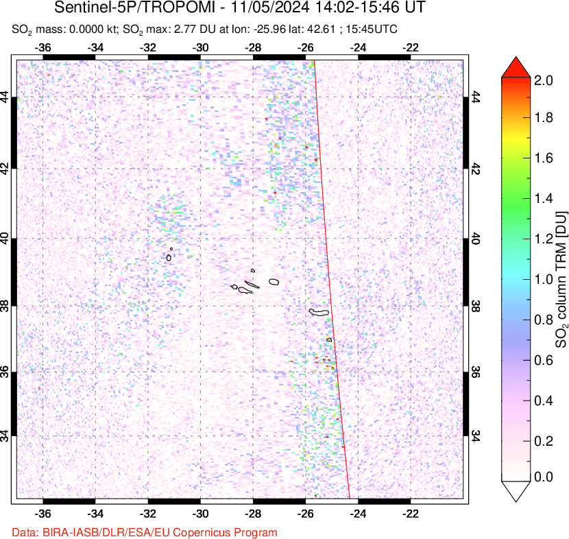 A sulfur dioxide image over Azore Islands, Portugal on Nov 05, 2024.