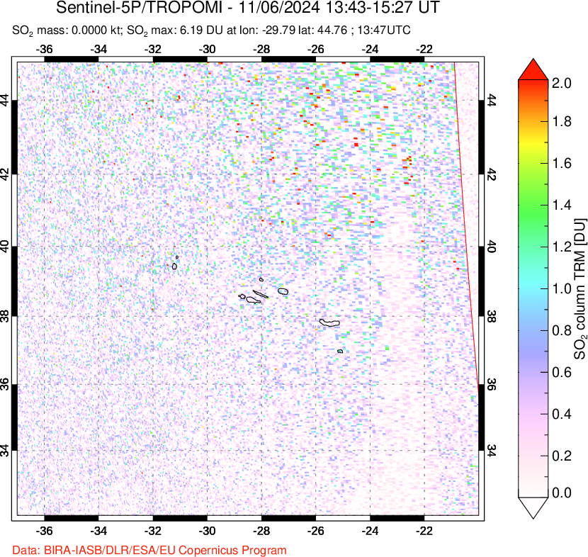 A sulfur dioxide image over Azore Islands, Portugal on Nov 06, 2024.