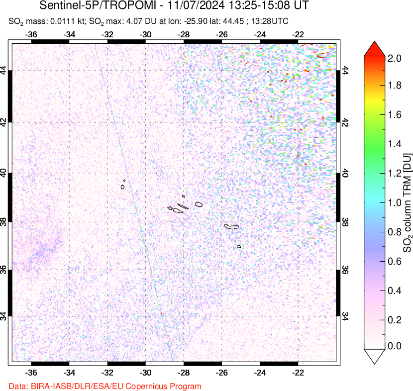 A sulfur dioxide image over Azore Islands, Portugal on Nov 07, 2024.