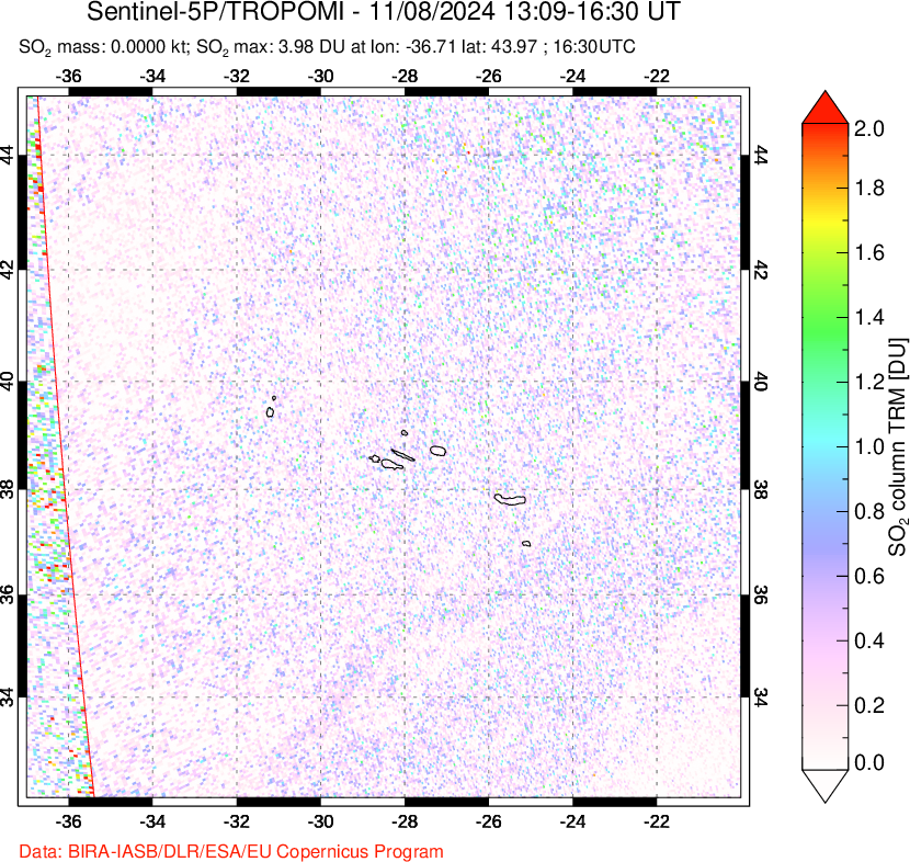 A sulfur dioxide image over Azore Islands, Portugal on Nov 08, 2024.