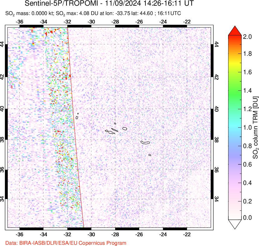 A sulfur dioxide image over Azore Islands, Portugal on Nov 09, 2024.